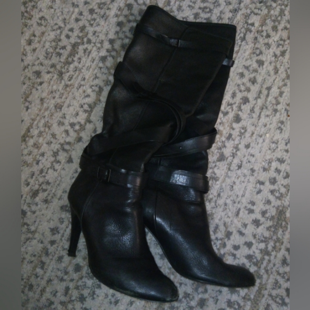 Moto Chic Rosegold Strappy Italian Leather Knee High Boot in Black Sz 10 - Picture 5 of 10